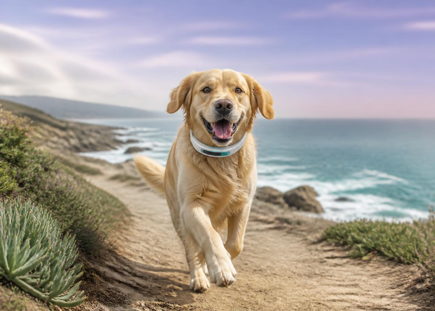 Dog running at dusk wearing the Furrever collar